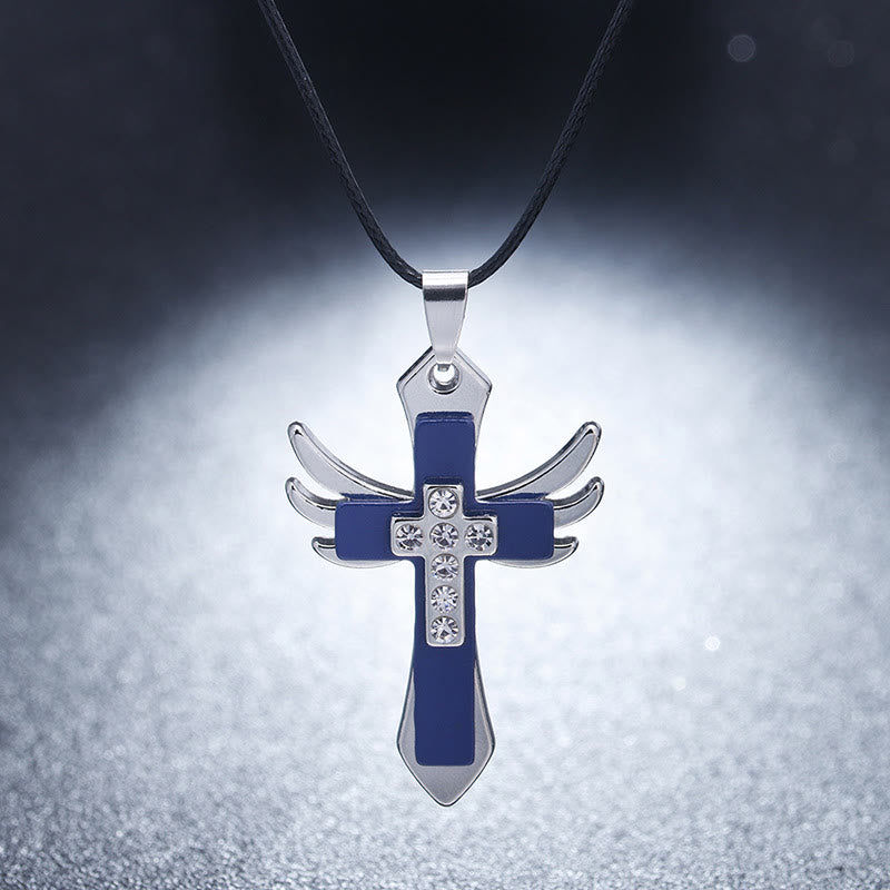 christiandiscipleshop Minimalist Style Cross Angel Wings Glossy Rhinestones Pendant Necklace