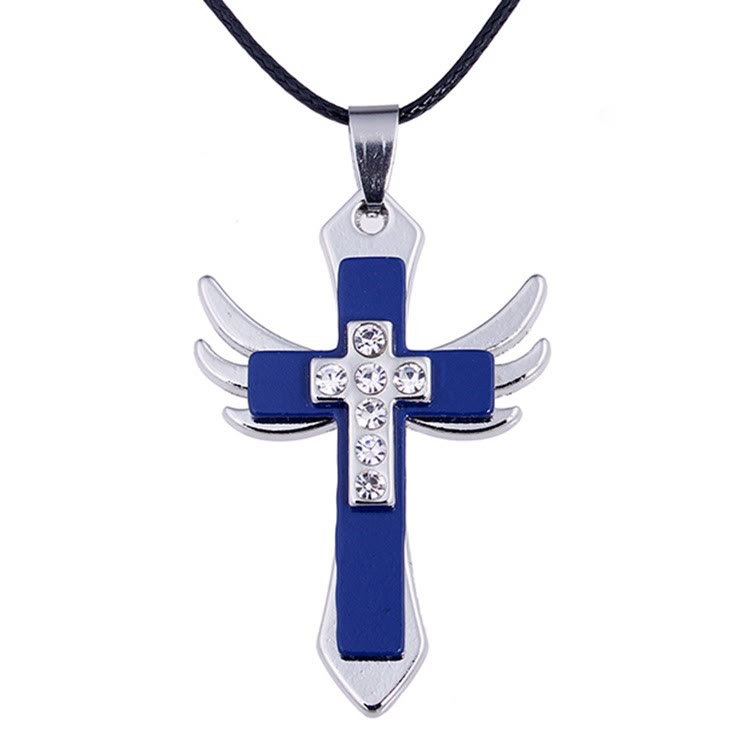 christiandiscipleshop Minimalist Style Cross Angel Wings Glossy Rhinestones Pendant Necklace