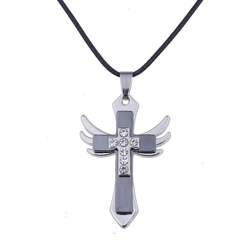 christiandiscipleshop Minimalist Style Cross Angel Wings Glossy Rhinestones Pendant Necklace