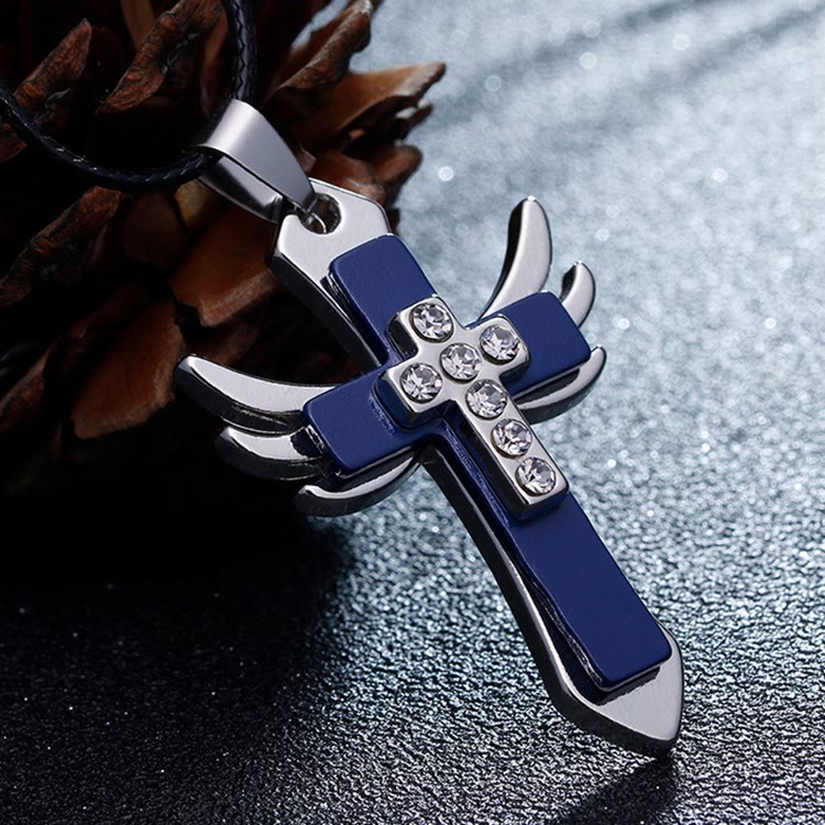 christiandiscipleshop Minimalist Style Cross Angel Wings Glossy Rhinestones Pendant Necklace