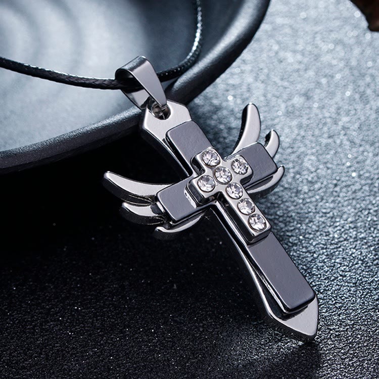 christiandiscipleshop Minimalist Style Cross Angel Wings Glossy Rhinestones Pendant Necklace