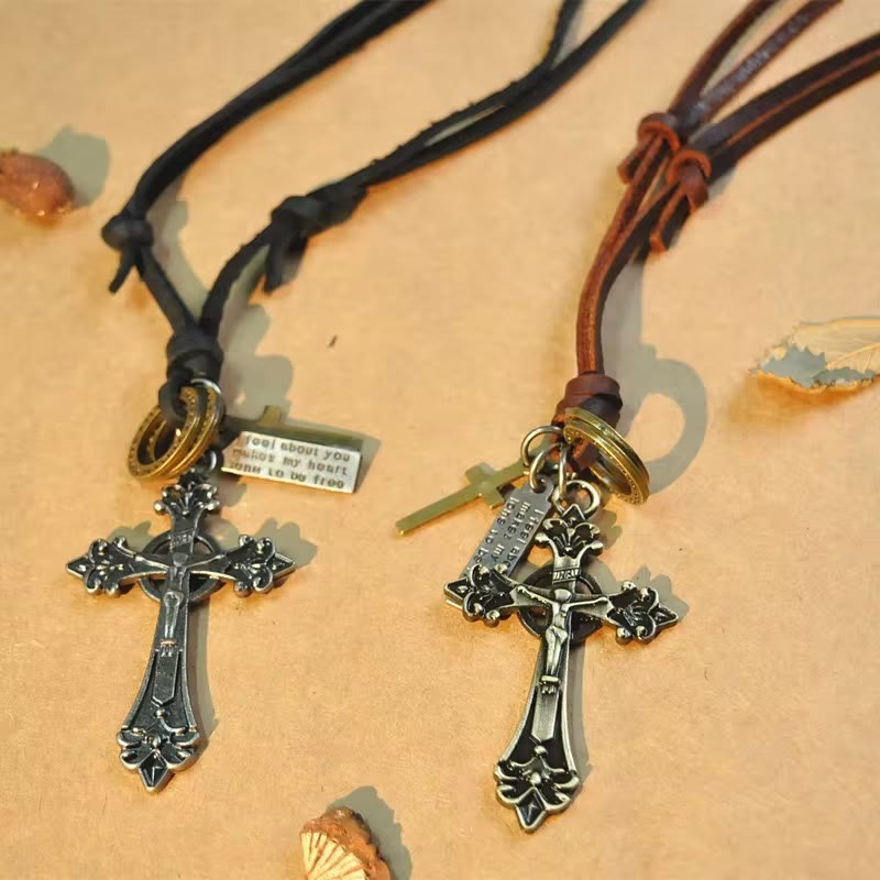 Christiandiscipleshop Retro Classic Style Crucifix Pendant Leather Rope Necklace