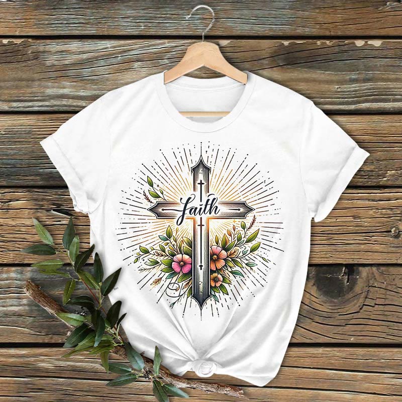 Christianartworkshop Classic Colored Style Floral Cross Short Sleeve Washed T-shirt