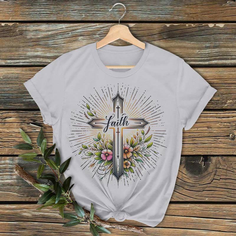 Christianartworkshop Classic Colored Style Floral Cross Short Sleeve Washed T-shirt