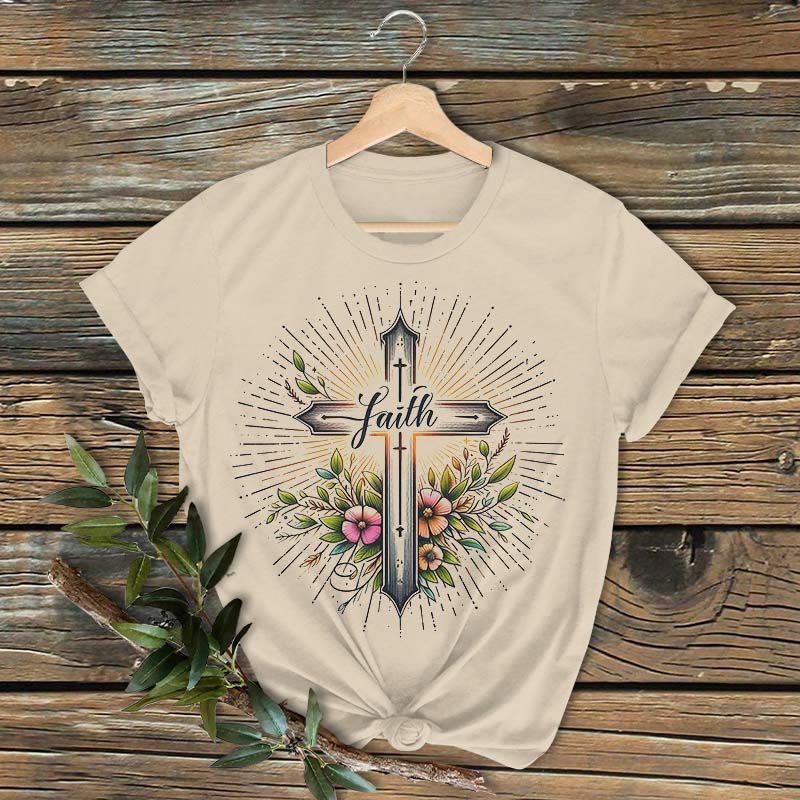 Christianartworkshop Classic Colored Style Floral Cross Short Sleeve Washed T-shirt