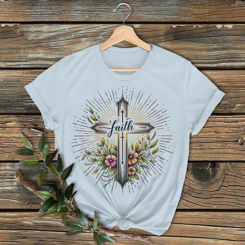 Christianartworkshop Classic Colored Style Floral Cross Short Sleeve Washed T-shirt