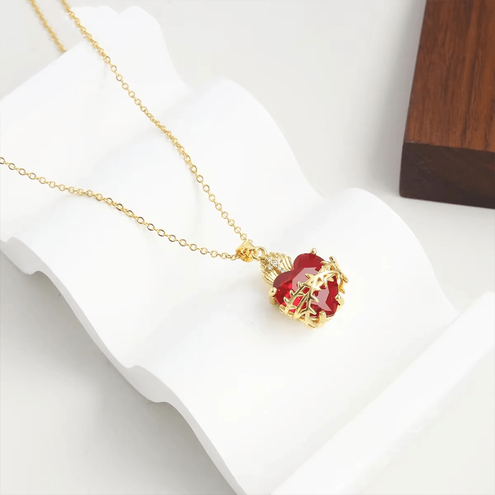 christiandiscipleshop Modern Style Crafted Red Gemstones Sacred Heart of Jesus Pendant Necklace