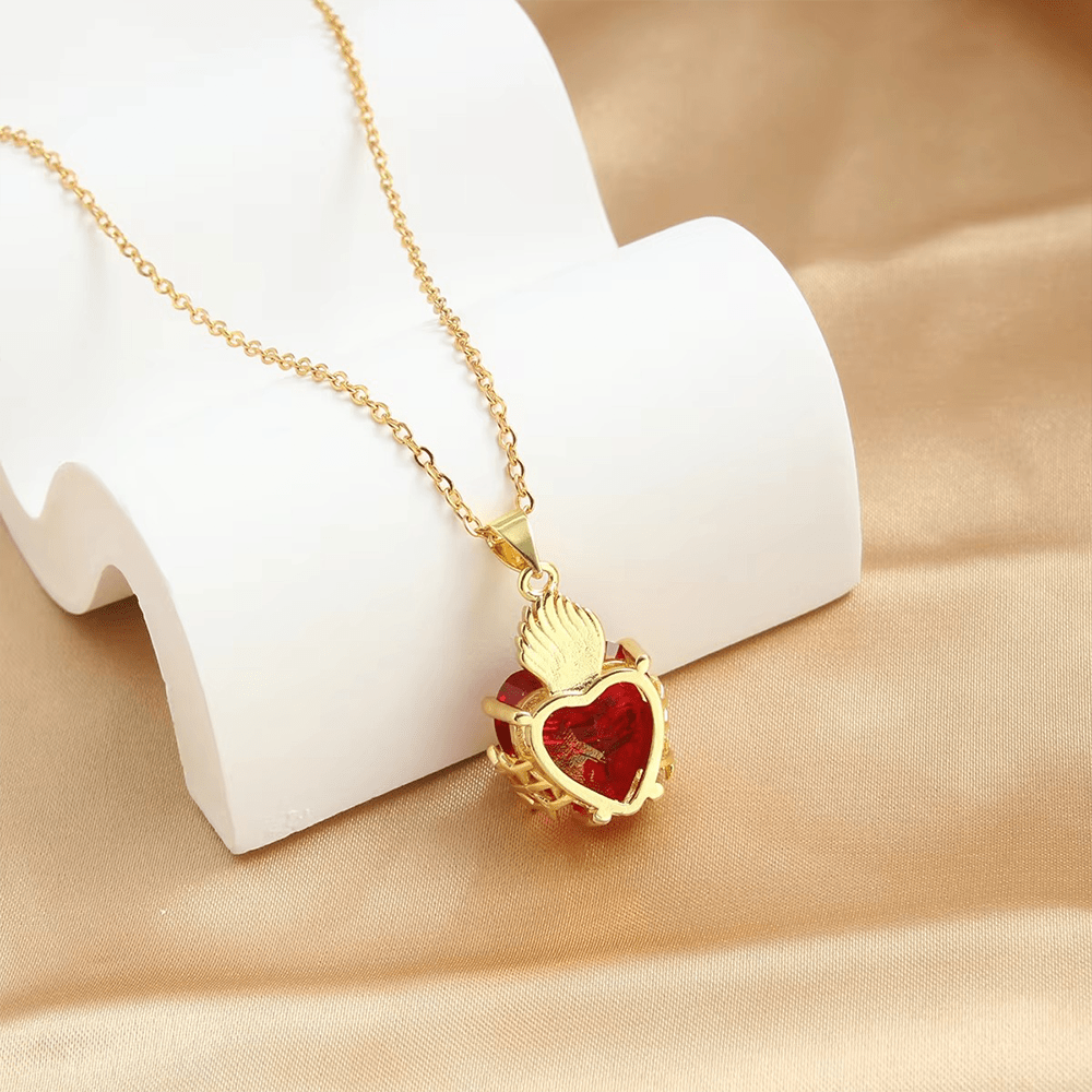 christiandiscipleshop Modern Style Crafted Red Gemstones Sacred Heart of Jesus Pendant Necklace