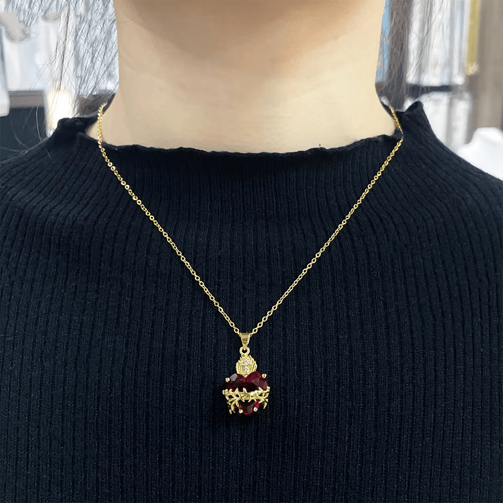 christiandiscipleshop Modern Style Crafted Red Gemstones Sacred Heart of Jesus Pendant Necklace