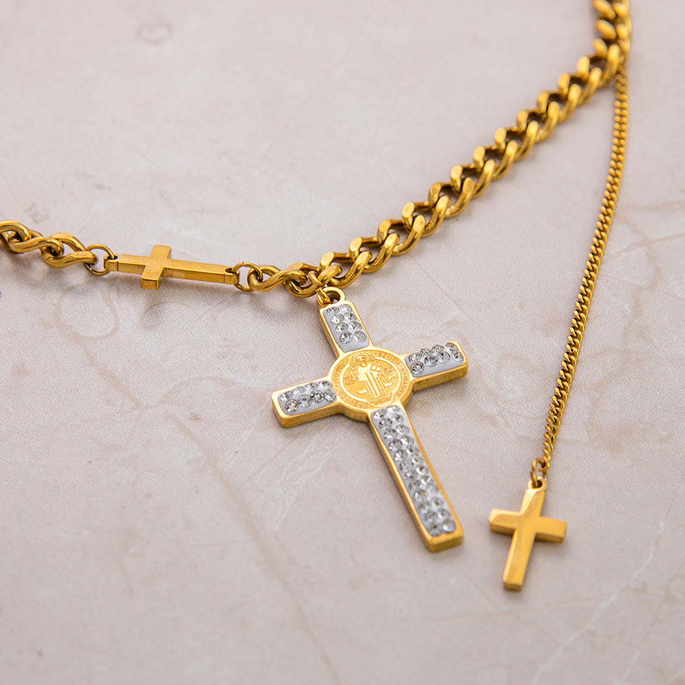 christiandiscipleshop Layered Necklace Style St. Benedict Cross Pendant Mixed Chain Necklace
