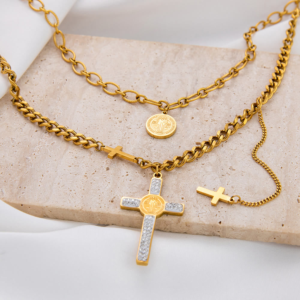 christiandiscipleshop Layered Necklace Style St. Benedict Cross Pendant Mixed Chain Necklace