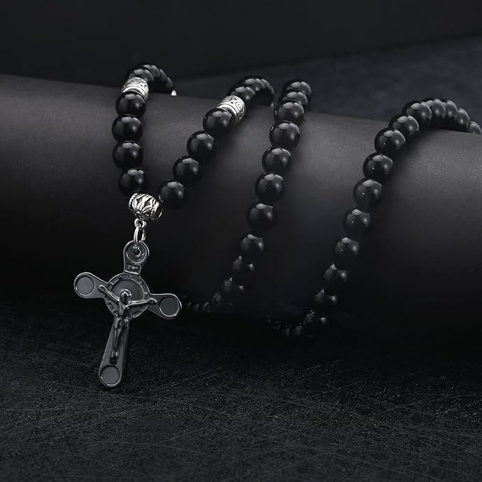 Christiandiscipleshop Retro Noble Style Crucifix Black Gallstone Beads Pendant Necklace