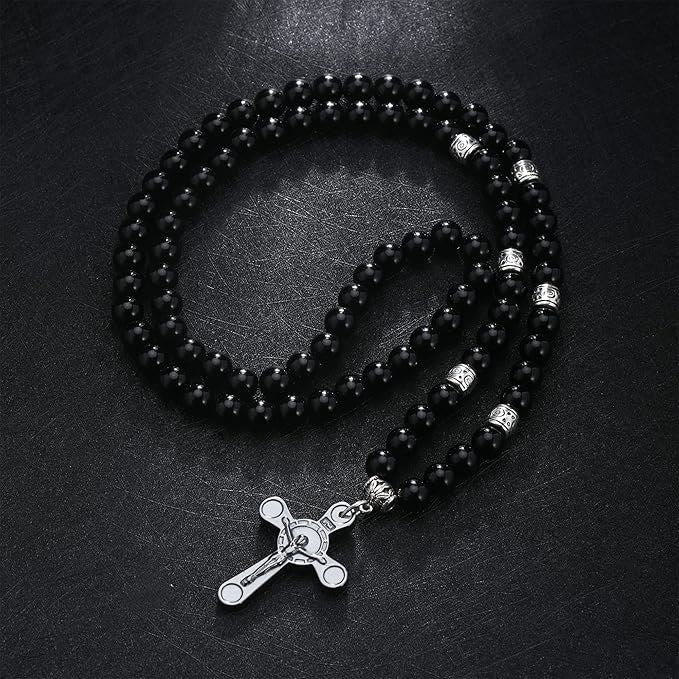 Christiandiscipleshop Retro Noble Style Crucifix Black Gallstone Beads Pendant Necklace