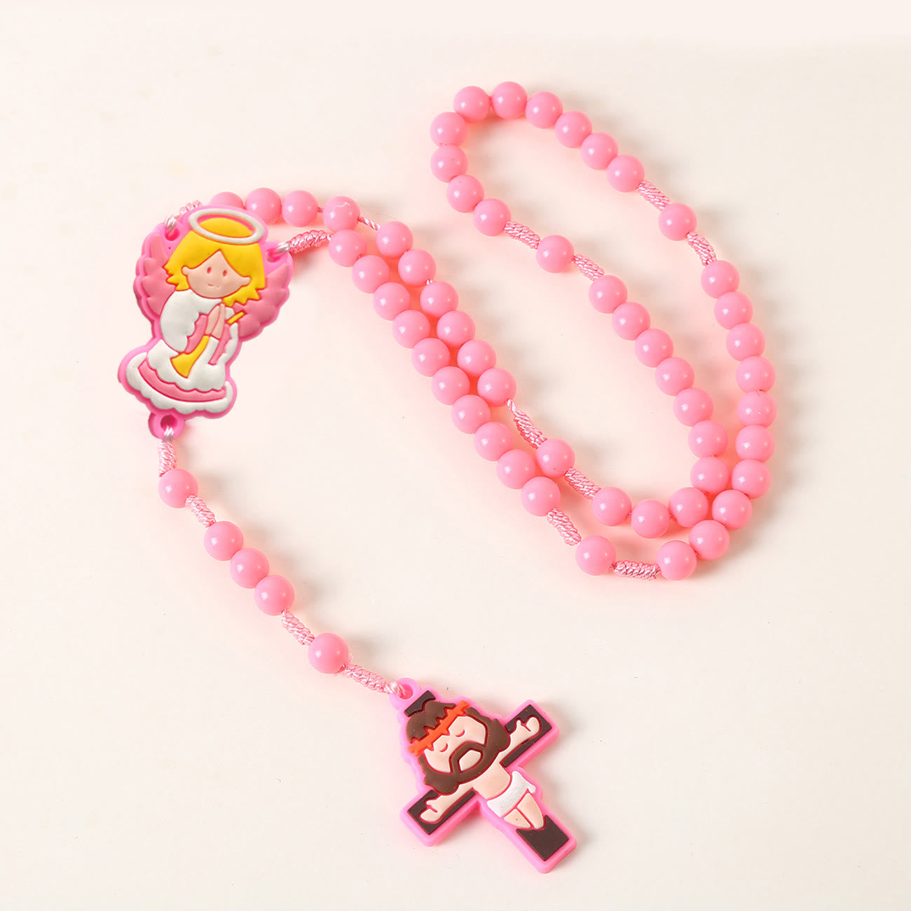 Christiandiscipleshop Guardian Angel & Crucifix of 8 mm Round Pink/Blue Acrylic Nylon Cord Child Rosary