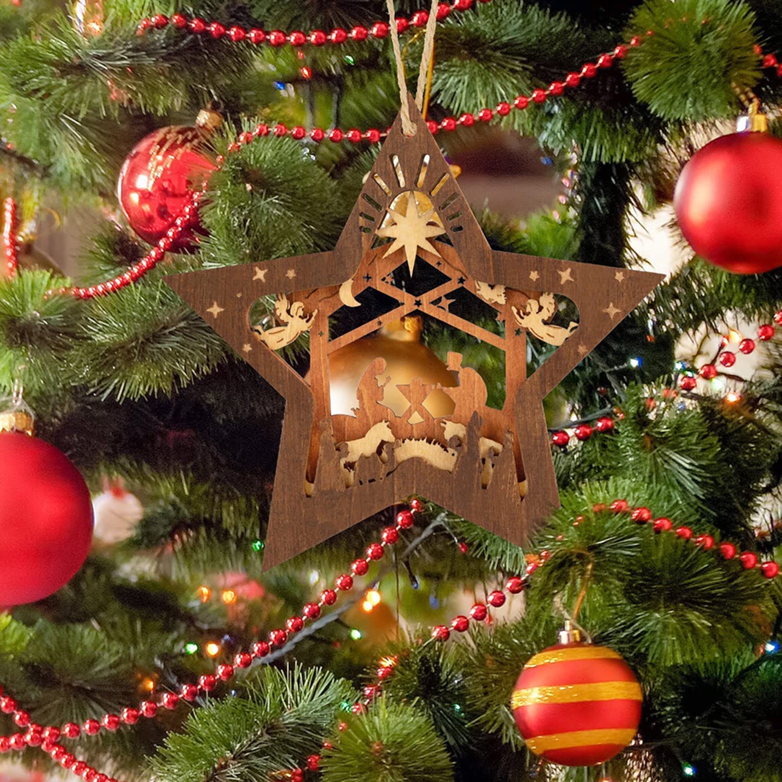 Christiandiscipleshop Rustic Style Layered Wooden Pendant Five-pointed Star Christmas Nativity Ornaments