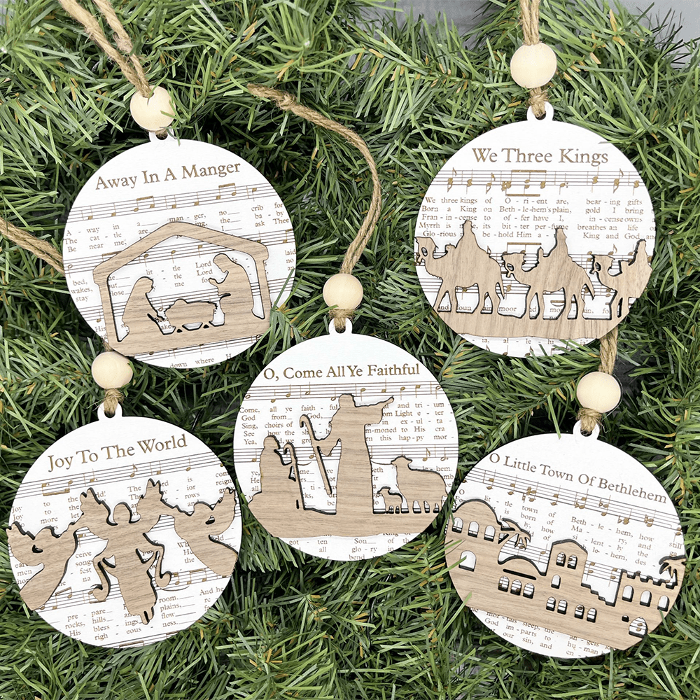 Christianartworkshop 5 Rustic Style Wooden Music Sheet Christmas Nativity Ornaments