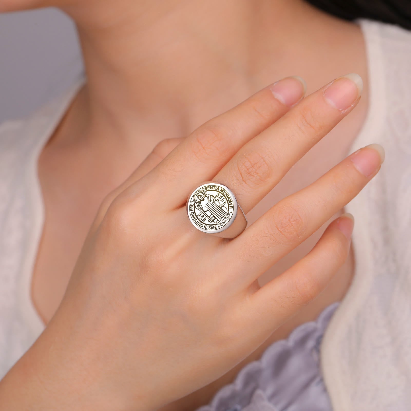 Christiandiscipleshop Retro-pop Style Engraved St. Benedict's Exorcism Medal Stainless Ring