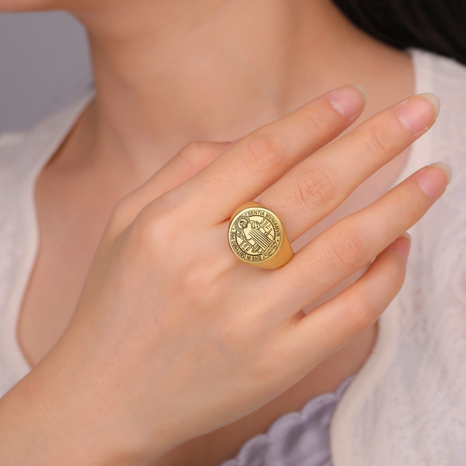 Christiandiscipleshop Retro-pop Style Engraved St. Benedict's Exorcism Medal Stainless Ring