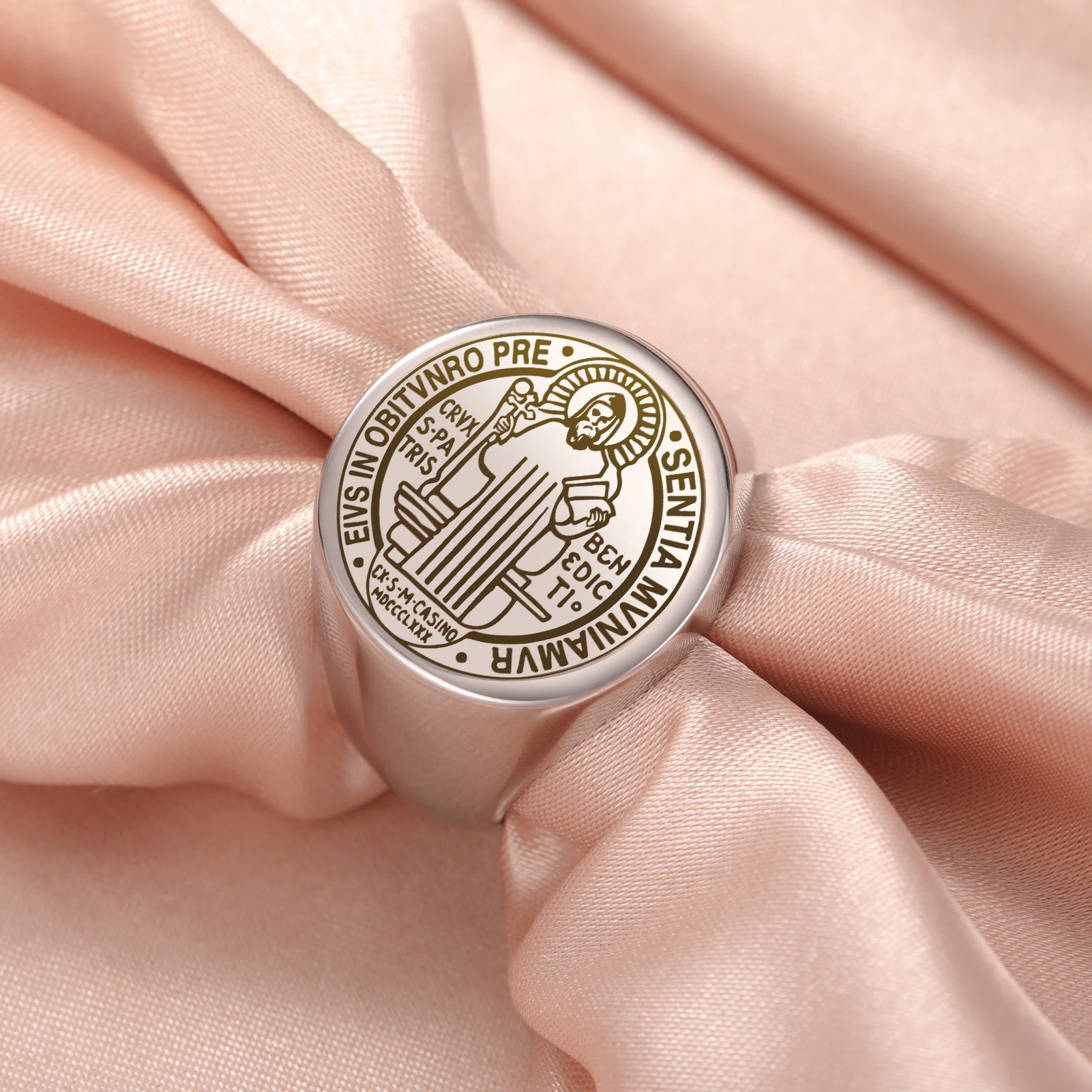 Christiandiscipleshop Retro-pop Style Engraved St. Benedict's Exorcism Medal Stainless Ring
