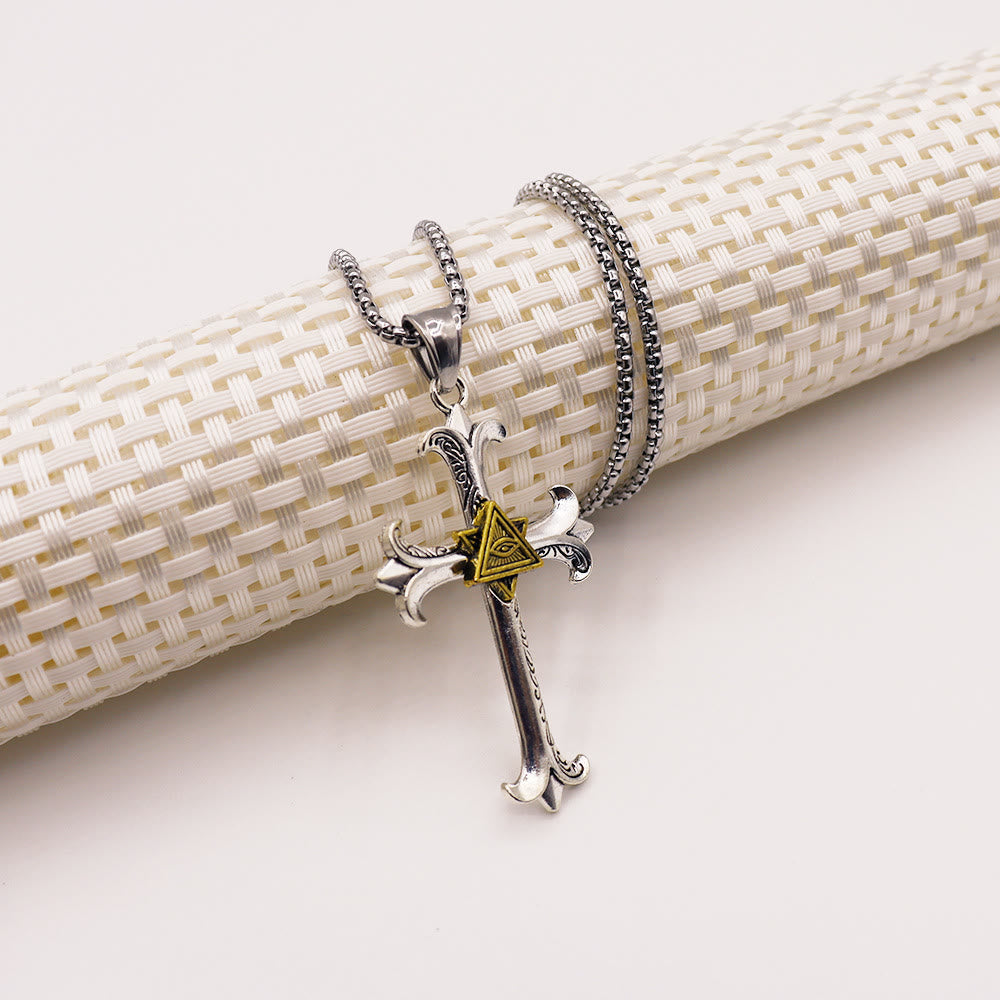 Christiandiscipleshop Fashion Sober Style Cross of God's Eye Square Pearl Chain Pendant Necklace