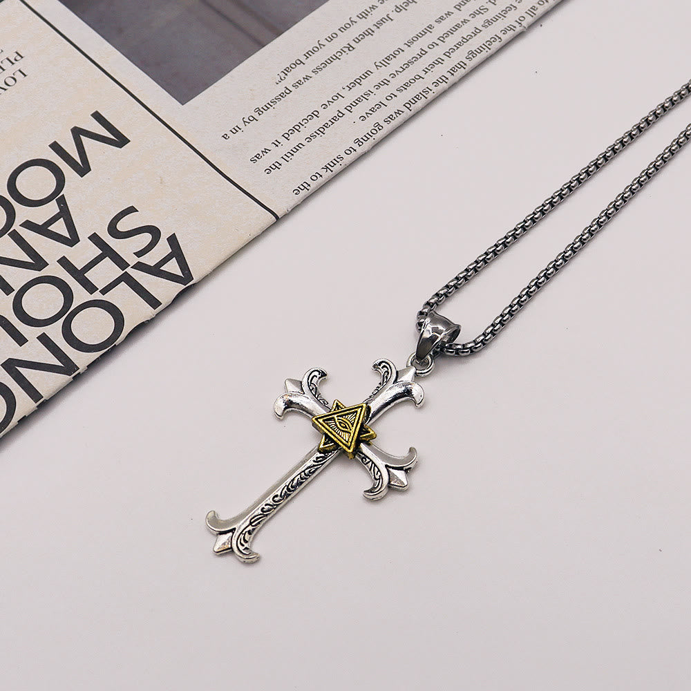Christiandiscipleshop Fashion Sober Style Cross of God's Eye Square Pearl Chain Pendant Necklace