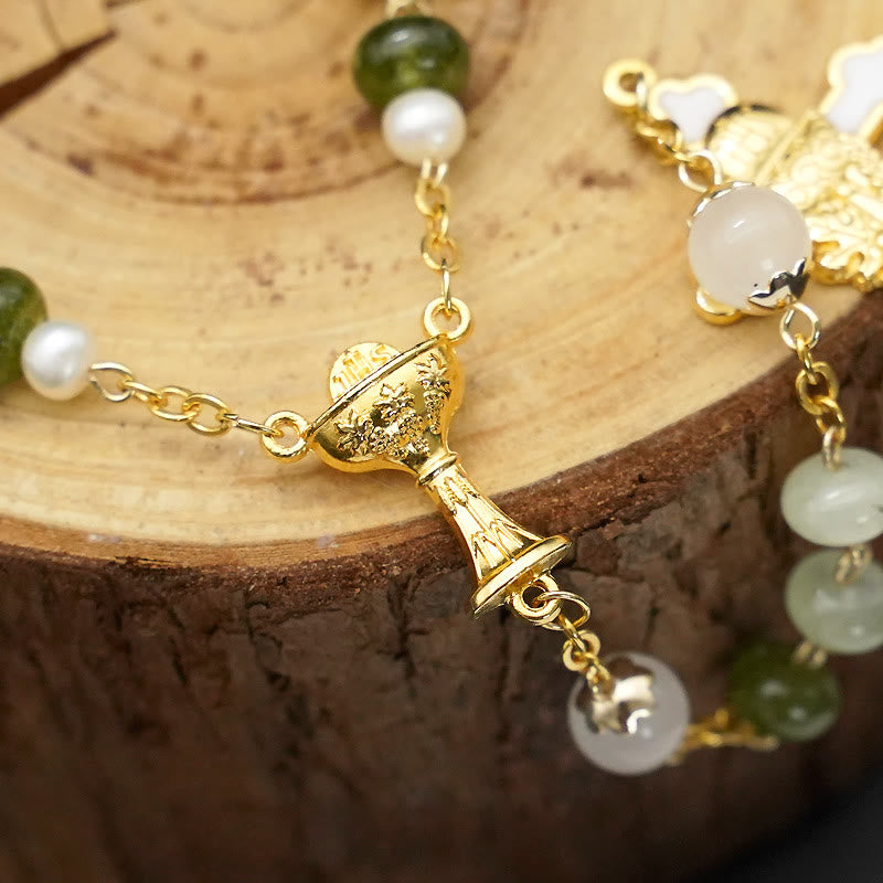christiandiscipleshop Holy Grail & Crucifix with Eucharistic of 5*8 mm Round Green Chalcedony Alloy Chain Rosary
