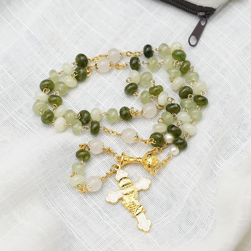 christiandiscipleshop Holy Grail & Crucifix with Eucharistic of 5*8 mm Round Green Chalcedony Alloy Chain Rosary