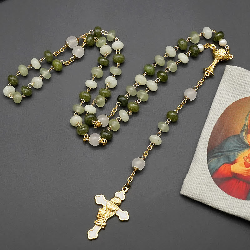 christiandiscipleshop Holy Grail & Crucifix with Eucharistic of 5*8 mm Round Green Chalcedony Alloy Chain Rosary