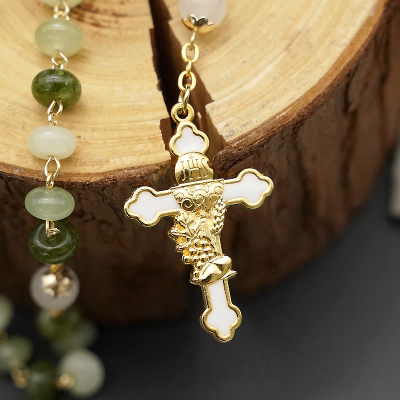 christiandiscipleshop Holy Grail & Crucifix with Eucharistic of 5*8 mm Round Green Chalcedony Alloy Chain Rosary