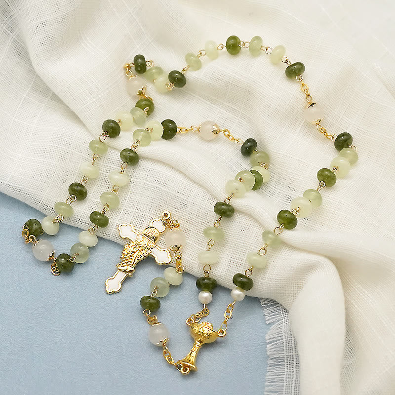 christiandiscipleshop Holy Grail & Crucifix with Eucharistic of 5*8 mm Round Green Chalcedony Alloy Chain Rosary
