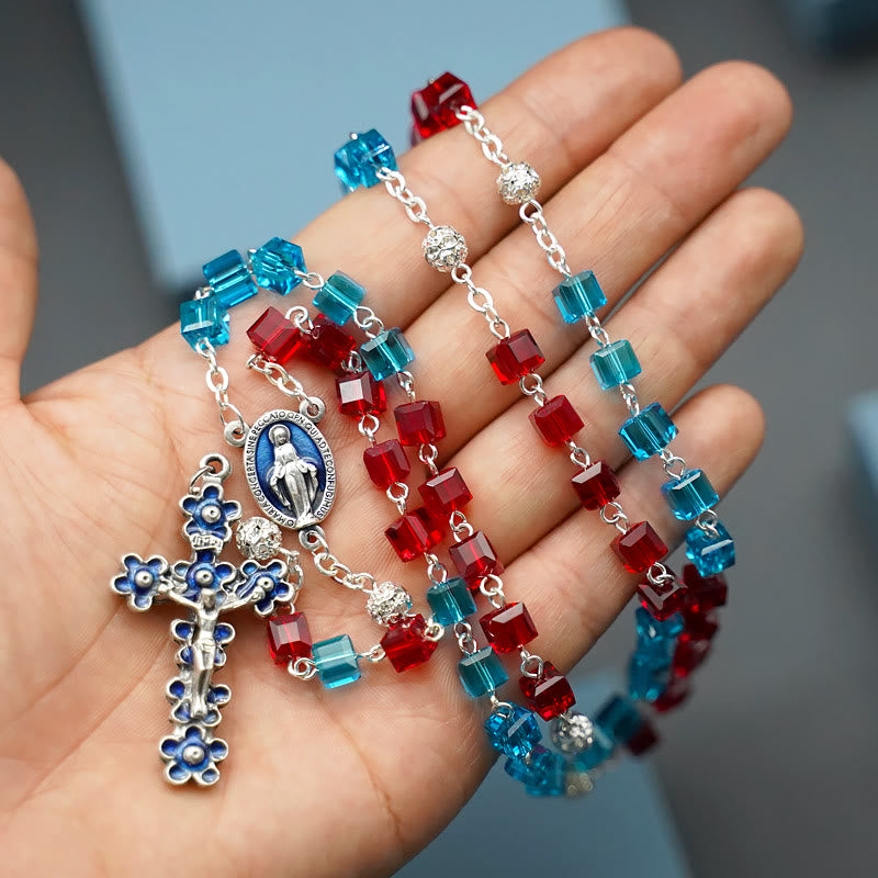 christiandiscipleshop Miraculous Medal & Crucifix of 6 mm Square Multicolor Crystal Alloy Chain Rosary