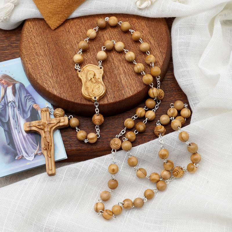 christiandiscipleshop Madonna and Child & Crucifix of 8 mm Round Multicolor Olive Wood Alloy Chain Rosary
