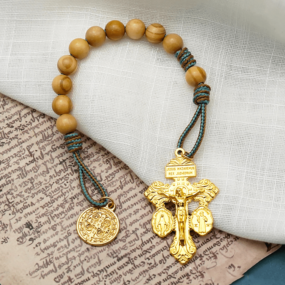 Christiandiscipleshop St. Benedict Medal & Crucifix of 10 mm Round Golden Olive Wood Nylon Cord Pocket Rosary
