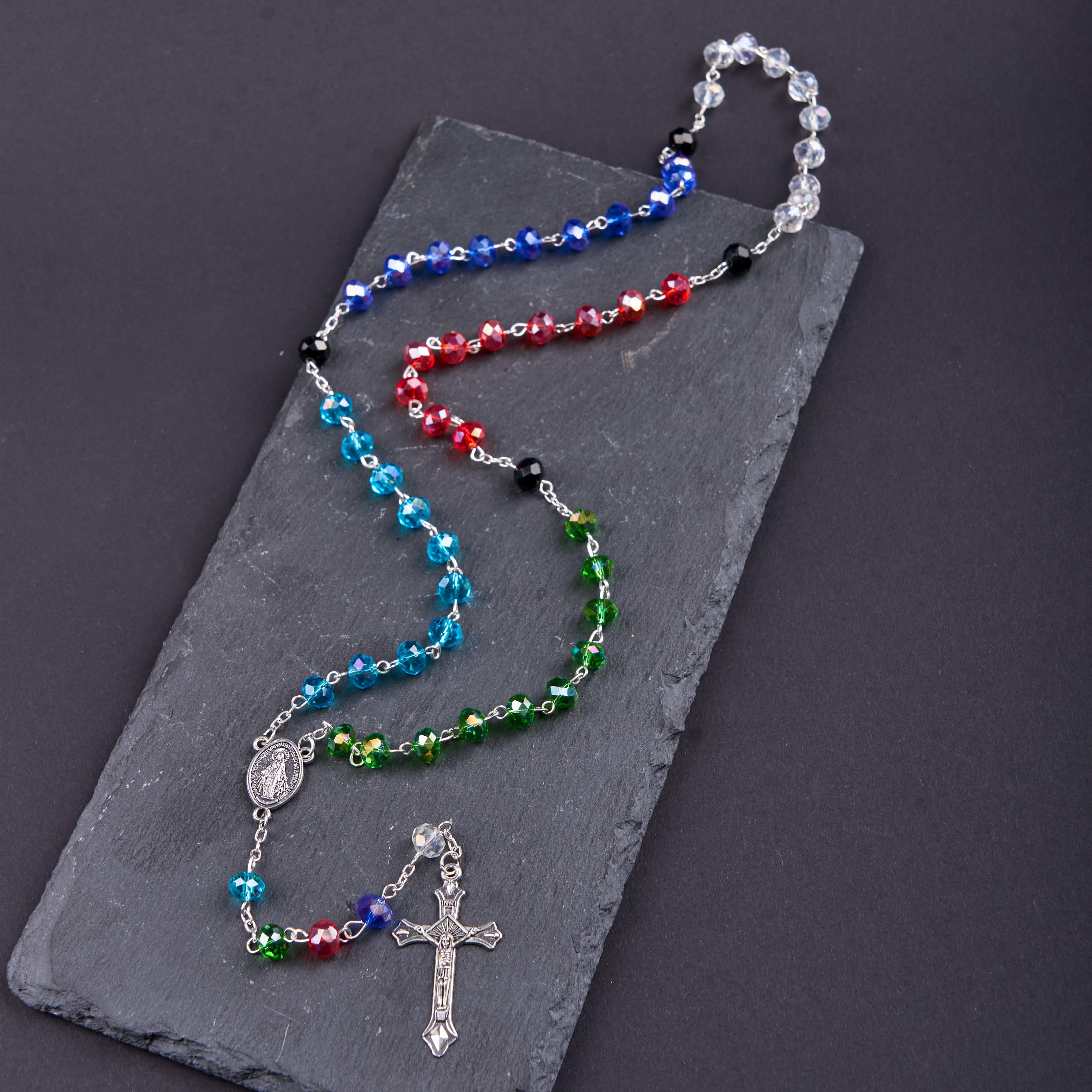 christiandiscipleshop Miraculous Medal & Crucifix of 6 mm Polyhedron Multicolor Crystal Alloy Chain Rosary