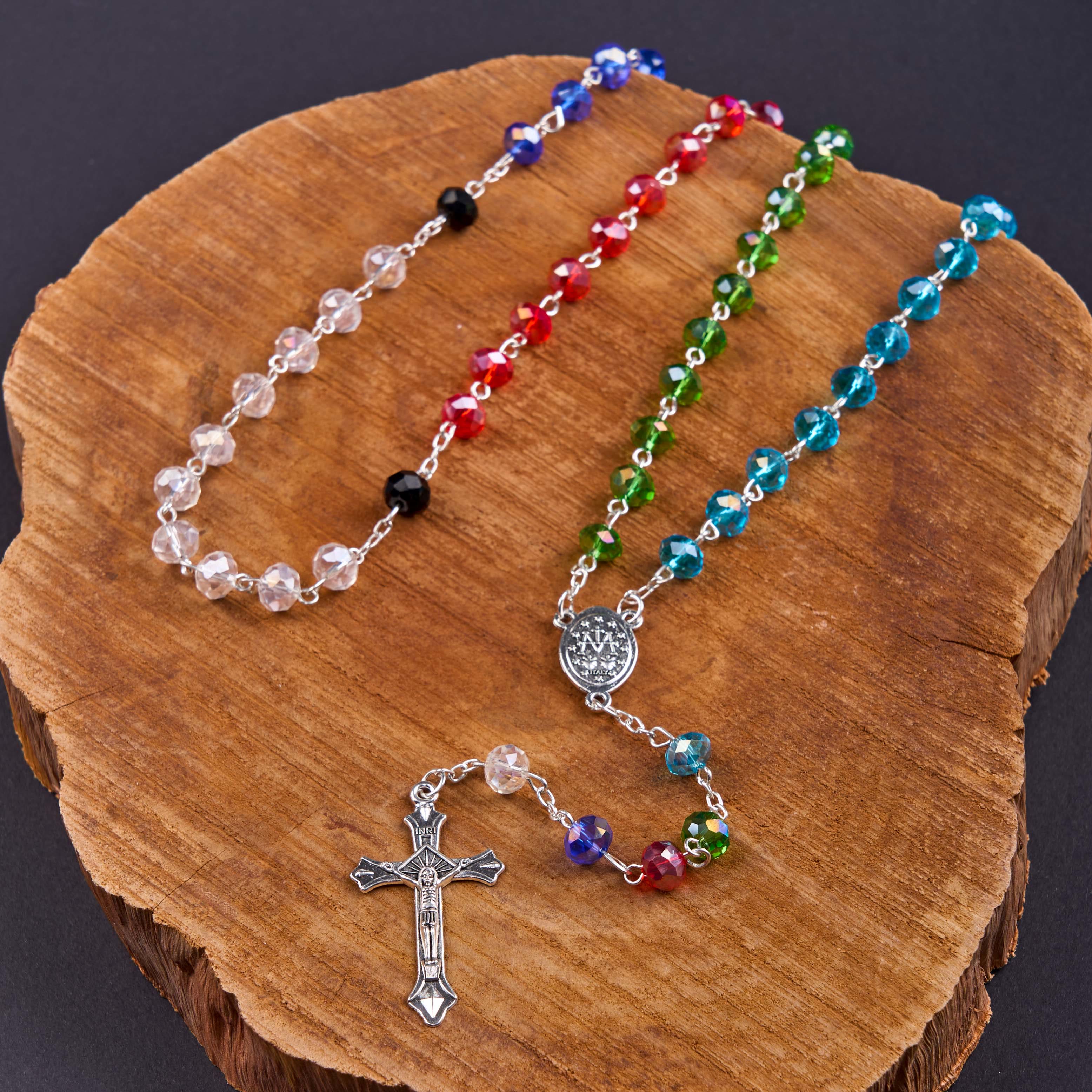 christiandiscipleshop Miraculous Medal & Crucifix of 6 mm Polyhedron Multicolor Crystal Alloy Chain Rosary