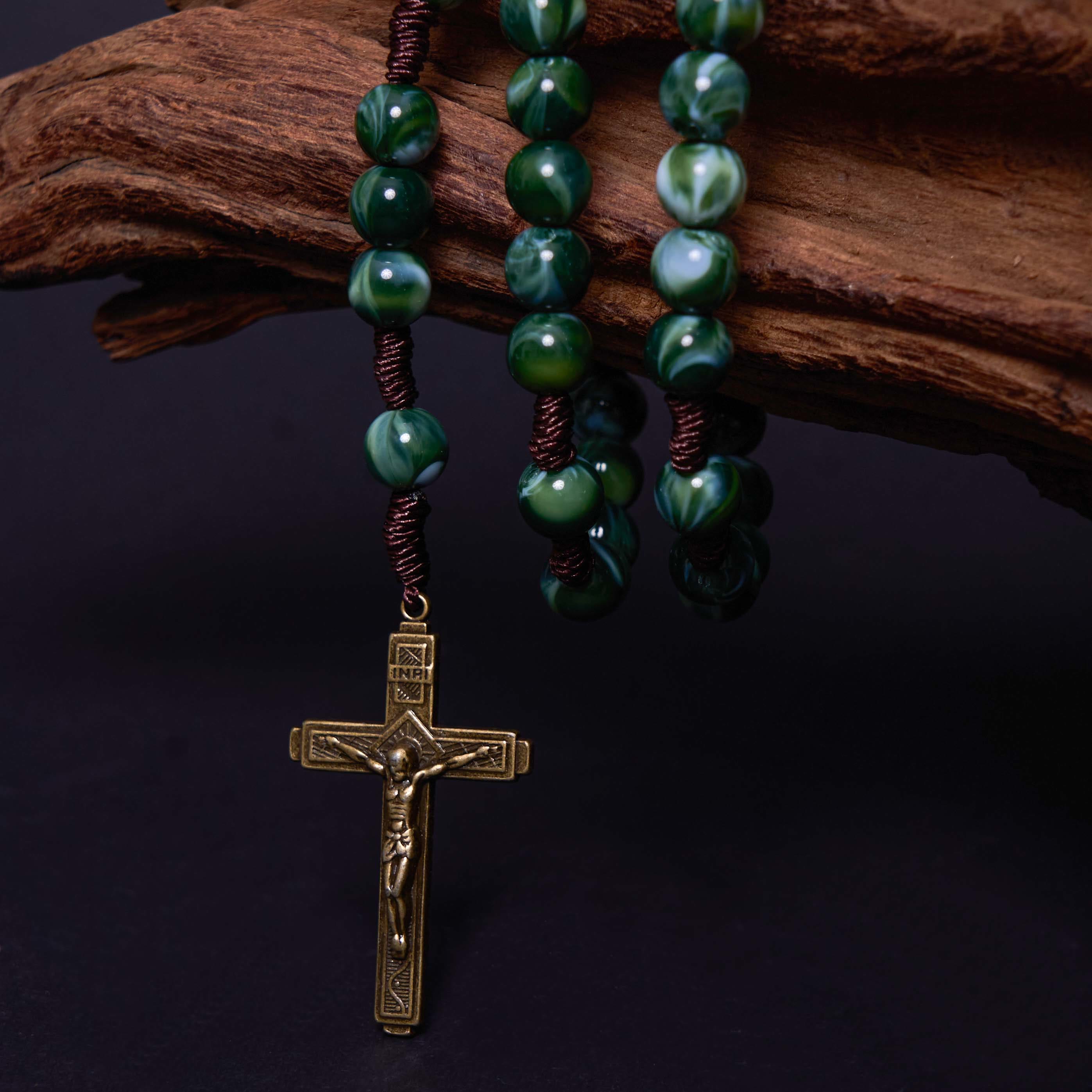 Christiandiscipleshop Our Lady of Guadalupe & Crucifix of 10 mm Round Green Agate Nylon Cord Rosary