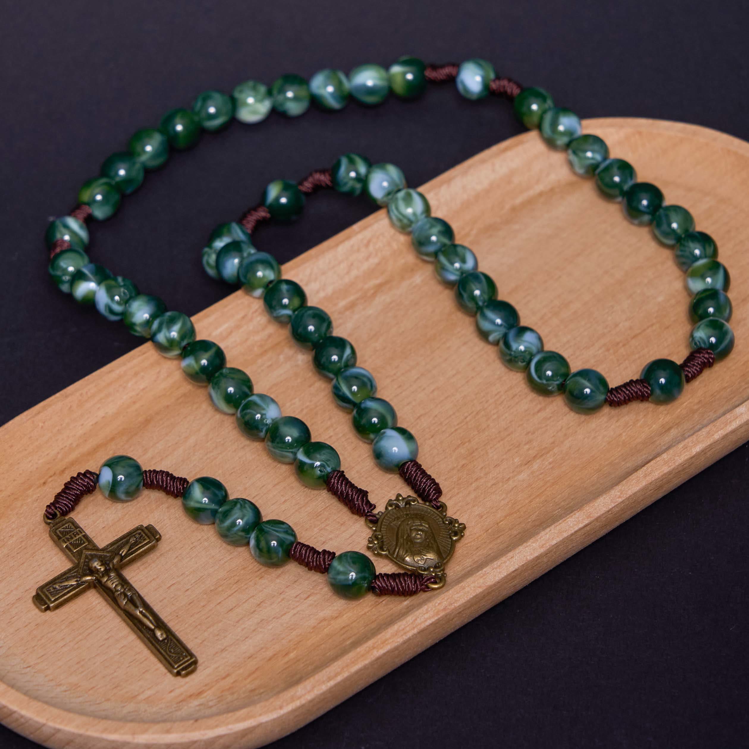 Christiandiscipleshop Our Lady of Guadalupe & Crucifix of 10 mm Round Green Agate Nylon Cord Rosary