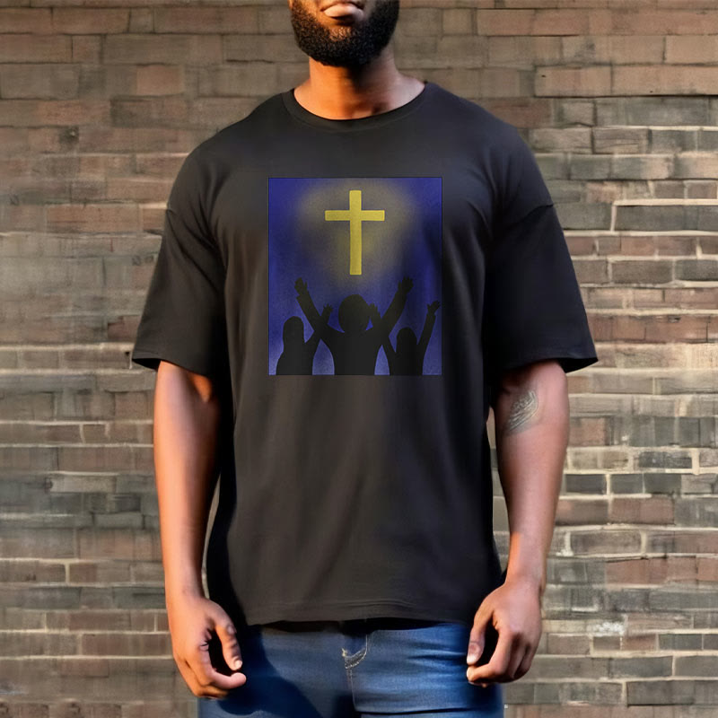 christiandiscipleshop Minimalist Style Christian Faith Inspirational Cross and Worshippers Short Sleeve Washed T-shirt