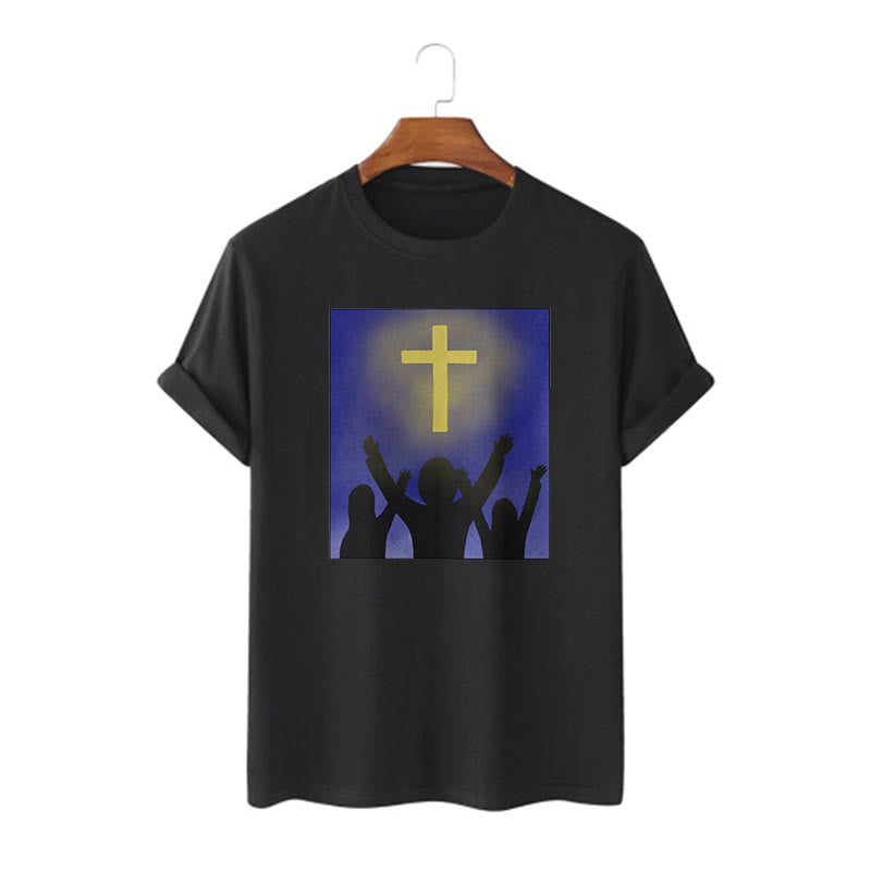 christiandiscipleshop Minimalist Style Christian Faith Inspirational Cross and Worshippers Short Sleeve Washed T-shirt