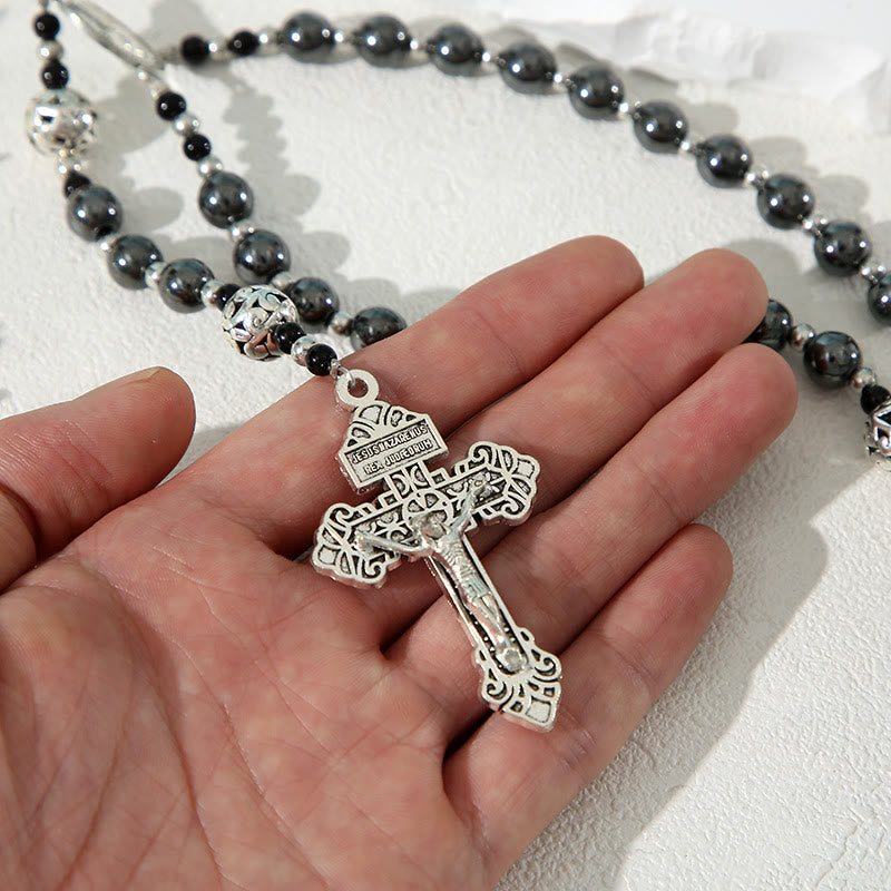 christiandiscipleshop Miraculous Medal & Crucifix of 8 mm Round Black Gallstone Nylon Cord Rosary