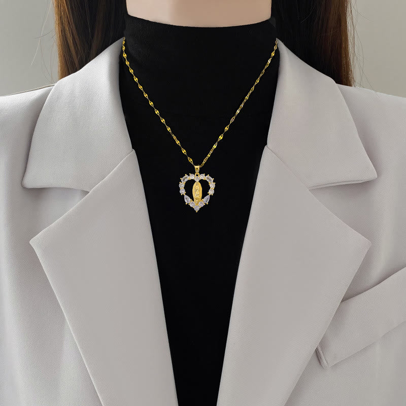 christiandiscipleshop Luxury Style Heart-shaped Gemstone Encrusted Our Lady of Guadalupe Pendant Necklace