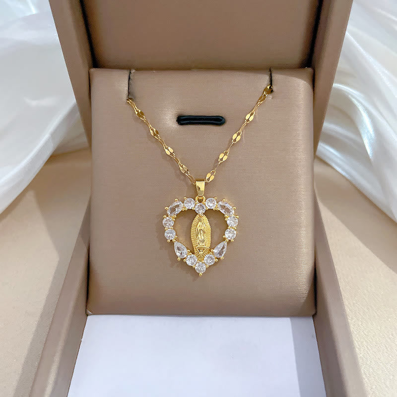 christiandiscipleshop Luxury Style Heart-shaped Gemstone Encrusted Our Lady of Guadalupe Pendant Necklace