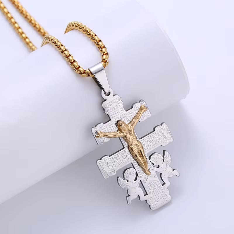 Christiandiscipleshop Classic Style Retro Crucifix with Angels Pendant Necklace
