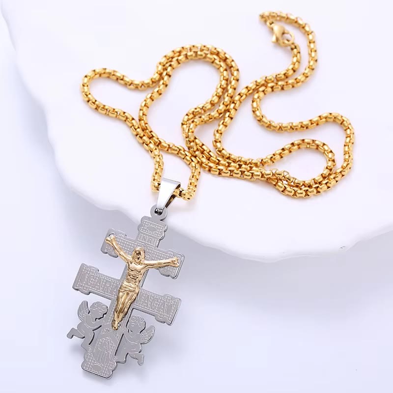 Christiandiscipleshop Classic Style Retro Crucifix with Angels Pendant Necklace