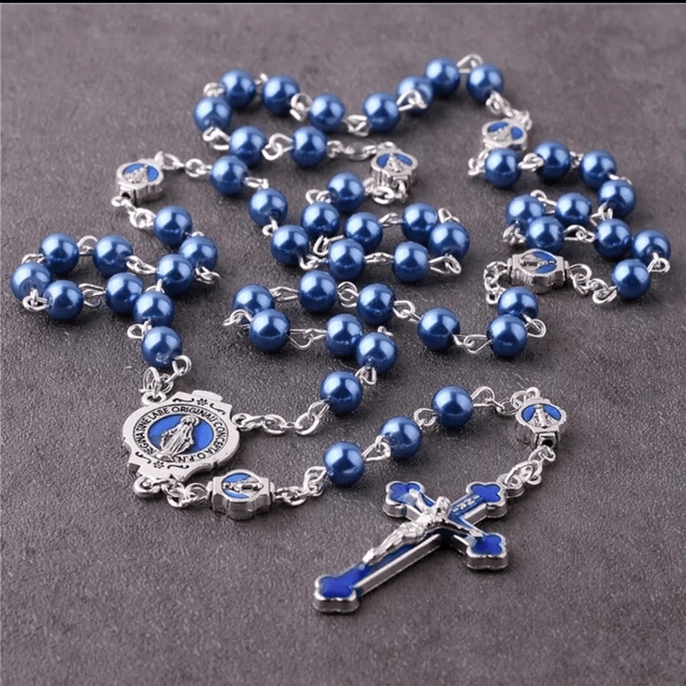 christiandiscipleshop Miraculous Medal & Crucifix of 6 mm Round Blue Glass Alloy Chain Rosary