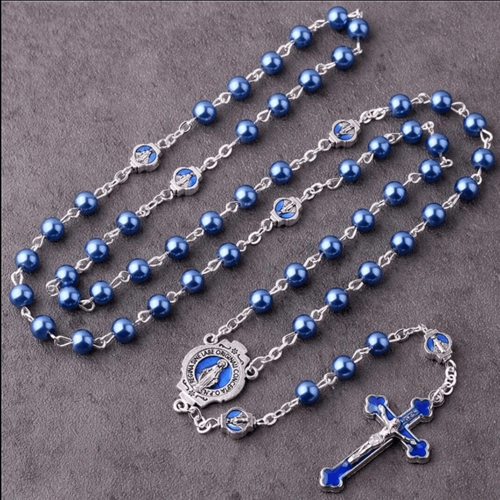 christiandiscipleshop Miraculous Medal & Crucifix of 6 mm Round Blue Glass Alloy Chain Rosary