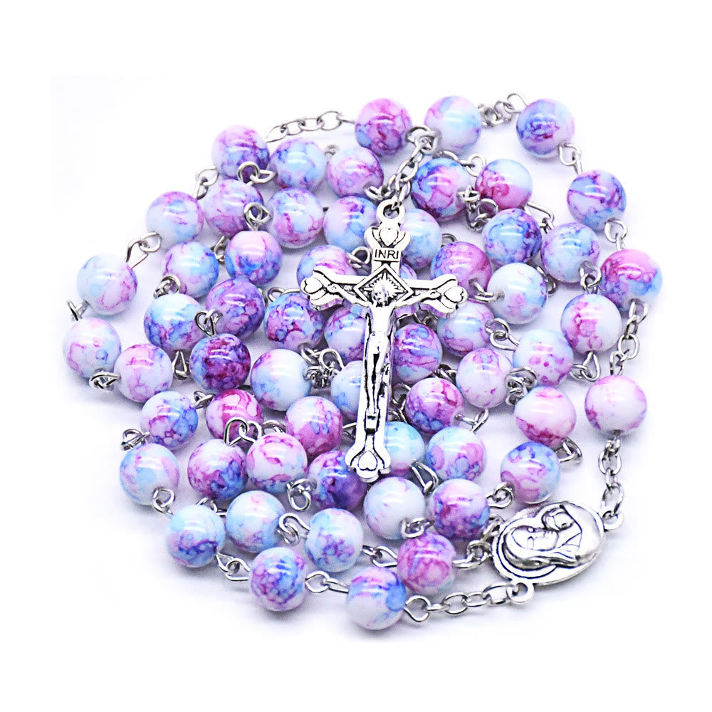 christiandiscipleshop Madonna and Child & Crucifix of 6 mm Round Purple Glass Alloy Chain Rosary