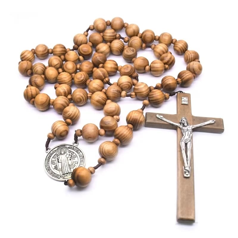 Christiandiscipleshop St. Benedict Medal & Crucifix of 15 mm Round Brown Wood Nylon Cord Wall Hanging Rosary