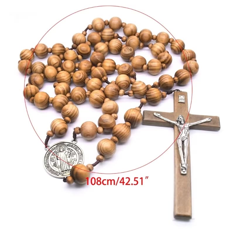 Christiandiscipleshop St. Benedict Medal & Crucifix of 15 mm Round Brown Wood Nylon Cord Wall Hanging Rosary