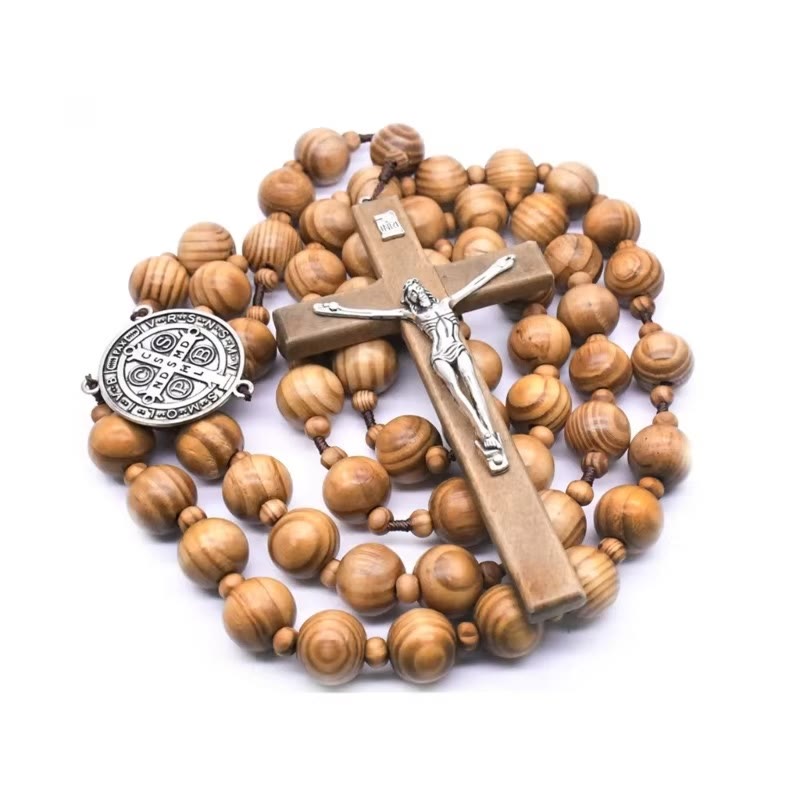 Christiandiscipleshop St. Benedict Medal & Crucifix of 15 mm Round Brown Wood Nylon Cord Wall Hanging Rosary